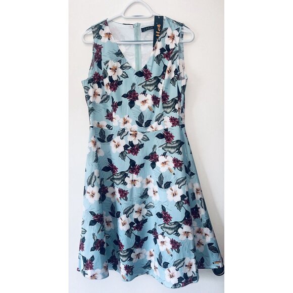 Ihot Tea Fit And Flare Tropical Blue Floral Dress Size XL - Picture 1 of 5